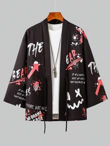 Men's Street Style Graffiti Letter Print Open Front Kimono Long Sleeve Casual Shirt, Machine Washable Polyester Fabric