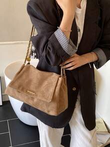 女士单肩包，翻盖软包，仿麂皮绒面哑光PU材质，时尚秋冬优雅复古简约风，金属链条设计，适合女性、女孩、大学生，休闲通勤皆宜，卡其色 - 卡其色 - 查看 5