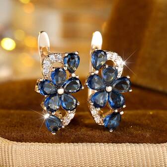 1 Pair Elegant Snowflake Shaped Blue Cubic Zirconia Champagne Gold Plated Women Earrings - Luxury Christmas Party Holiday Wear, Everyday Wear And Gift Choice, Suitable For All Seasons