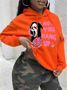 Sweet And Cool Dark "Scream" Ghost Face + Pink Retro Phone "NO YOU HANG UP" Printed Loose Hooded Sweatshirt Women's Casual Halloween Tops Suitable For Lounging At Home Or Going Out Shopping Women's Casual Sweatshirt - 橘色 - 查看 2