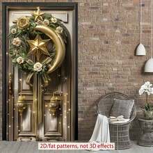 2D Flat Door Banner 1pc Elegant Eid Mubarak Background Polyester Banner Elegant Golden - Themed Wreath With Crescent, Star And Roses For Door Decoration Perfect For Ramadan And Eid Celebrations, Muslim Party Decorations, Ramadan Decorations - 1PCS - View 9