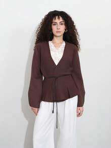 Áo len cardigan cổ chữ V tay dài có thắt lưng màu nâu - màu nâu - Xem 6