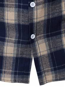 男式格子法兰绒休闲纽扣长袖衬衫 - 藏蓝色 - 查看 6