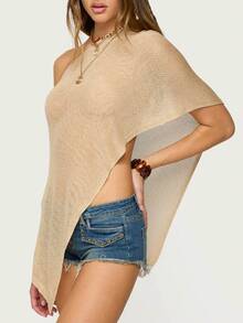 Women Sheer Knit Poncho Lightweight Shrug Pullover Shawl Top Off Shoulder Knitted Cover Up Tops - 卡其色 - 查看 3