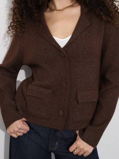 Casual Solid Color Pocket Knit Cardigan, Autumn/Winter