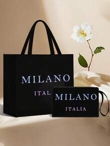 亚麻手提袋套装，包含一个印有渐变闪光“意大利米兰”字样的手提袋和一个印花小袋，可定制字母、花朵等图案，适合婚礼、生日、海滩、节日等场合，是送给女性、母亲、教师、朋友、伴娘、学生、返校季、圣诞节、情人节、新年、斋月等节日的完美礼物。 - 彩色 - 查看 3