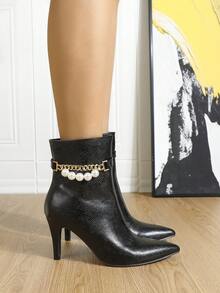 Women's Pointed Toe Black Elastic Ankle Boots, Sexy Fashion Studded Buckle Side Zipper, Suitable For Autumn/Winter,High Heels - Black - View 5