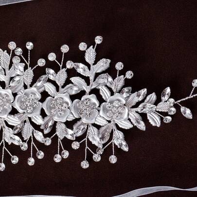 1pc Elegant Silver Leaf Handmade Bridal Headpiece, Luxury Wedding Hair Accessory With Rhinestones