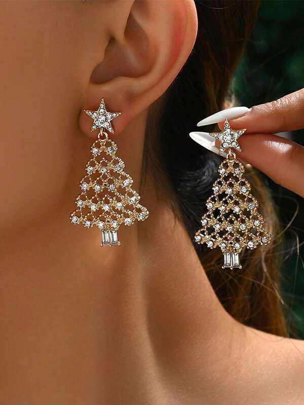 2pcs Christmas Tree Earrings, Fashionable Luxury Inlaid Earrings, Suitable For Holiday Gatherings And Other Occasions