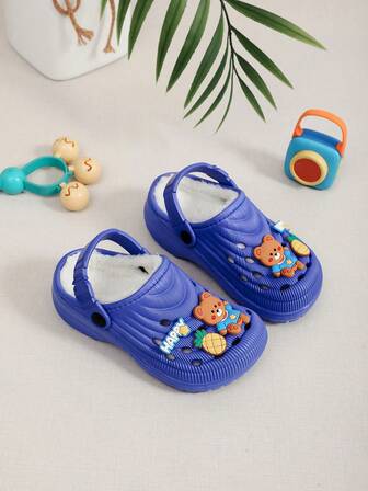 秋冬季日常休闲时尚卡通泰迪熊菠萝儿童保暖内衬木屐拖鞋，居家户外舒适平底派对保暖棉鞋