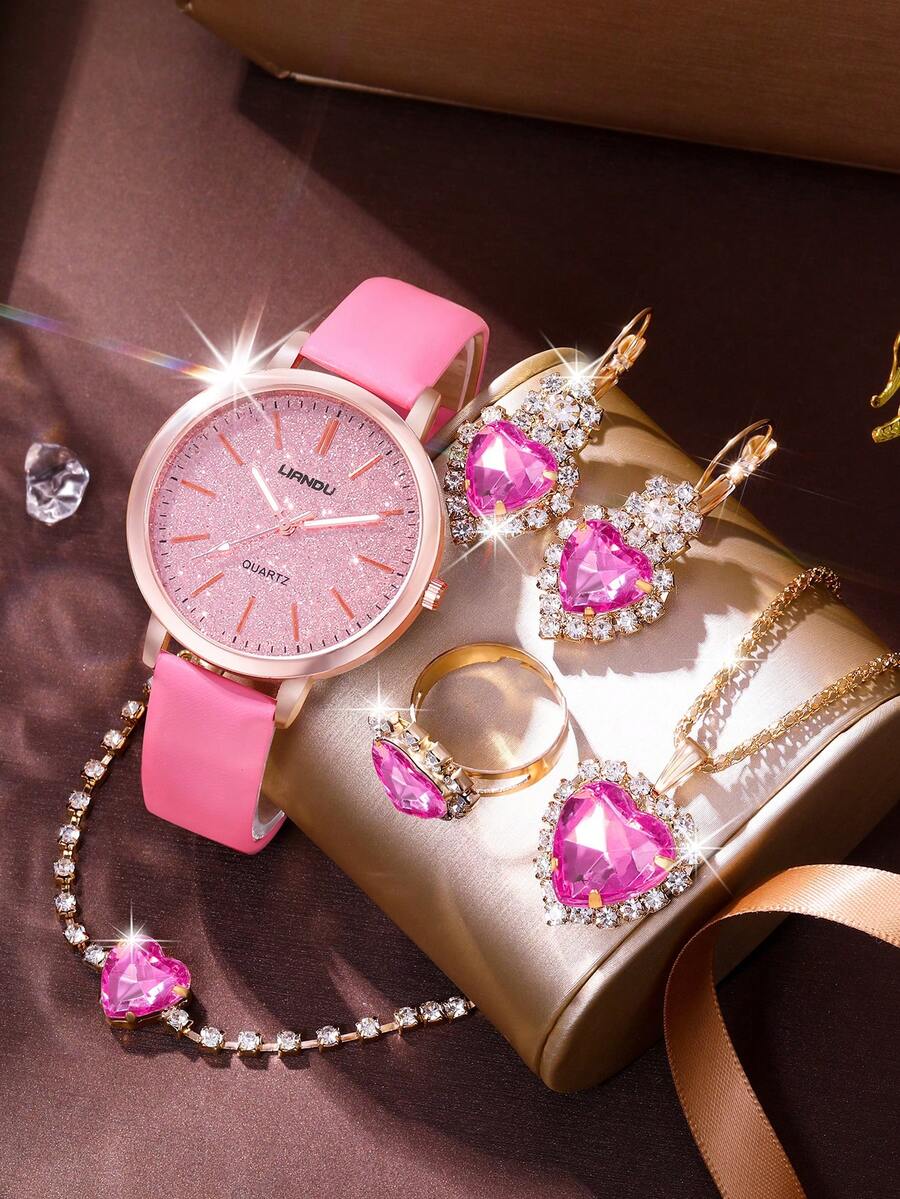 LIANDU مجموعة ساعة نسائية - ساعة بقرص وردي لامع، مجموعة مجوهرات بشكل قلب (سوار، قلادة، أقراط، خاتم)، حركة كوارتز، هدية رومانسية للمرأة