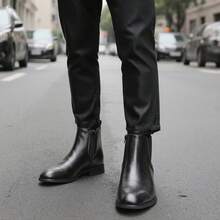 Men's Chelsea Boots, Business/Commute, Side Zipper, Rubber Wood Heel & Sole, Distressed Dual-Tone Leather Upper, Classic Retro Ankle Boots - Black - View 4