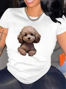 Women's Casual Short Sleeve T-Shirt - Cute Dog Pattern Print Round Neck Soft Stretchy Top, Suitable For All Seasons, Comfortable Machine Washable Casual Wear, Fashionable Design, Easy Care, Abstract Pattern, Summer , Stretchable Fabric, Stylish Shirt - 彩色 - 查看 1