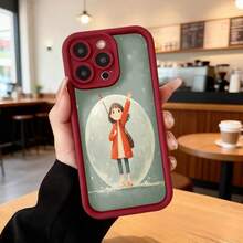 Cubierta de teléfono con borde negro y diseño de dibujos animados niña con abrigo rojo sobre luna llena fondo verde claro para uso diario en cafeterías y espacios casuales Aplicable a los teléfonos de la serie Apple y Galaxy - Negro - Ver 5