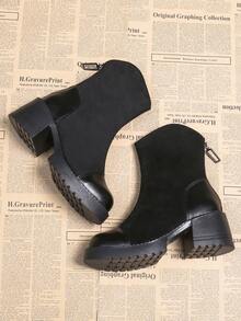 Elegant Vintage High Heel Short Boots For Women, 2025 Autumn/Winter New Fashion Leather & Suede Patchwork Back Zipper Ankle Boots, Versatile Commuting Stylish Boots,Elegant - Black - View 5