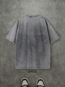 Retro Washed T-Shirt Single-Sided Printed (230 Pure Cotton T-Shirt) 'PANTHER'  Newspaper And Graffiti Pattern Print, Mens TShirt, Mens Shirt Casual, Comfortable, Fashionable T-Shirt, Street Style Cotton - 灰色 - 查看 2