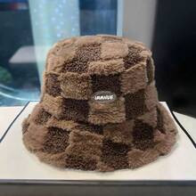 新款时尚渔夫帽，男女通用秋冬米色棋盘格羊毛渔夫帽，日本羔羊毛护耳渔夫帽，韩国百搭保暖羊毛渔夫帽 - 棋盤格 - 查看 7