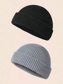 2 chiếc mũ len beanie trơn màu thời trang dành cho nam, mũ len ấm áp thường ngày phù hợp với trang phục mùa thu/đông, quần áo mùa đông - 2 chiếc - Xem 23