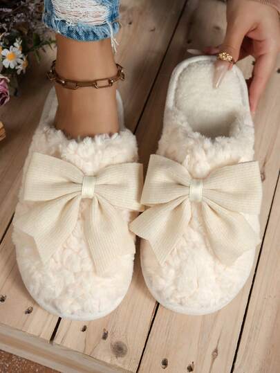 Women's Faux Fur Slippers With Bow, Popular Cross-Border Slippers