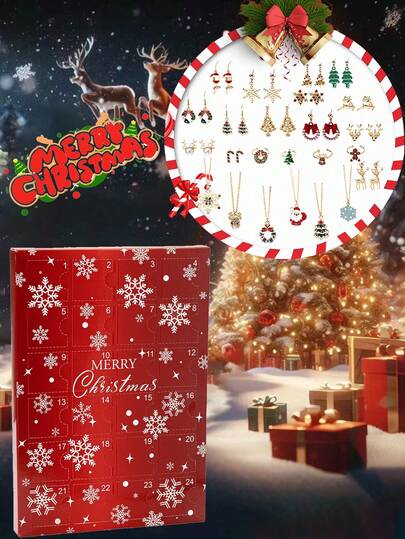 24pcs Christmas Tree, Snowflake, Gingerbread Man, Reindeer, Christmas Wreath Earrings, Necklace, Ring Jewelry Set, Christmas Countdown Calendar Blind Box, Gift Box Packaging Decorations Set, Christmas Gift For Family, Friends, Wife, Daughter