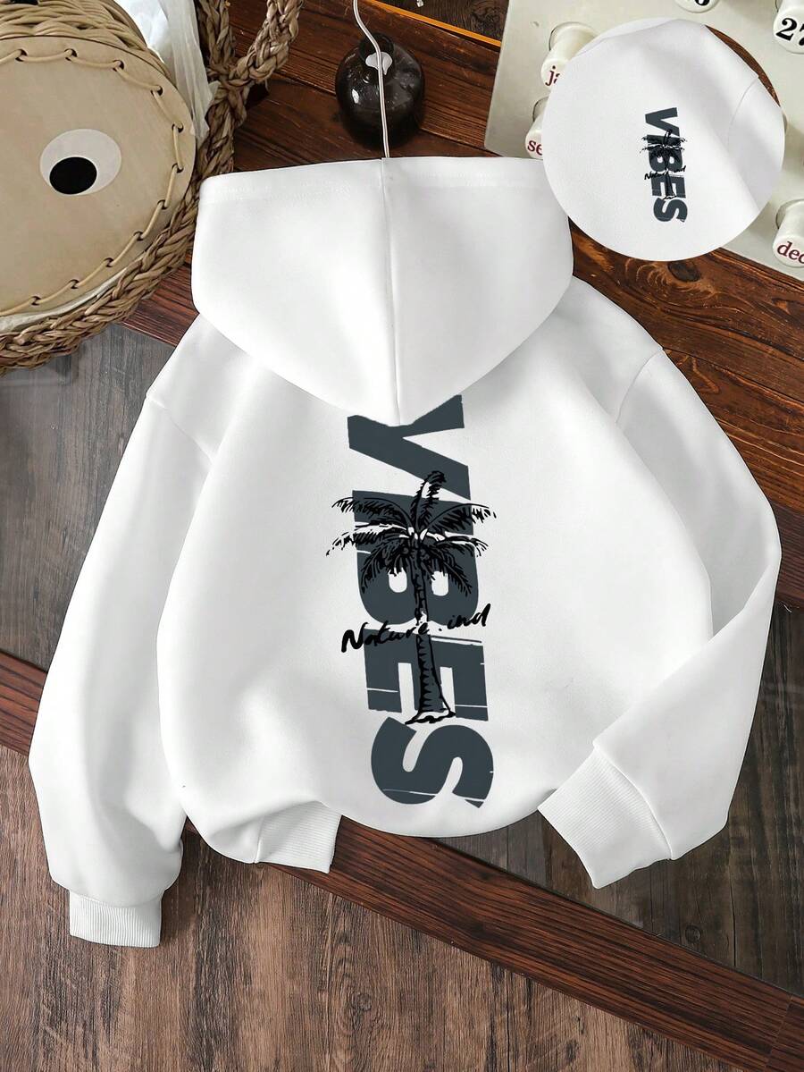 Young Boy Letter Print Warm Sweatshirt - White - View 1