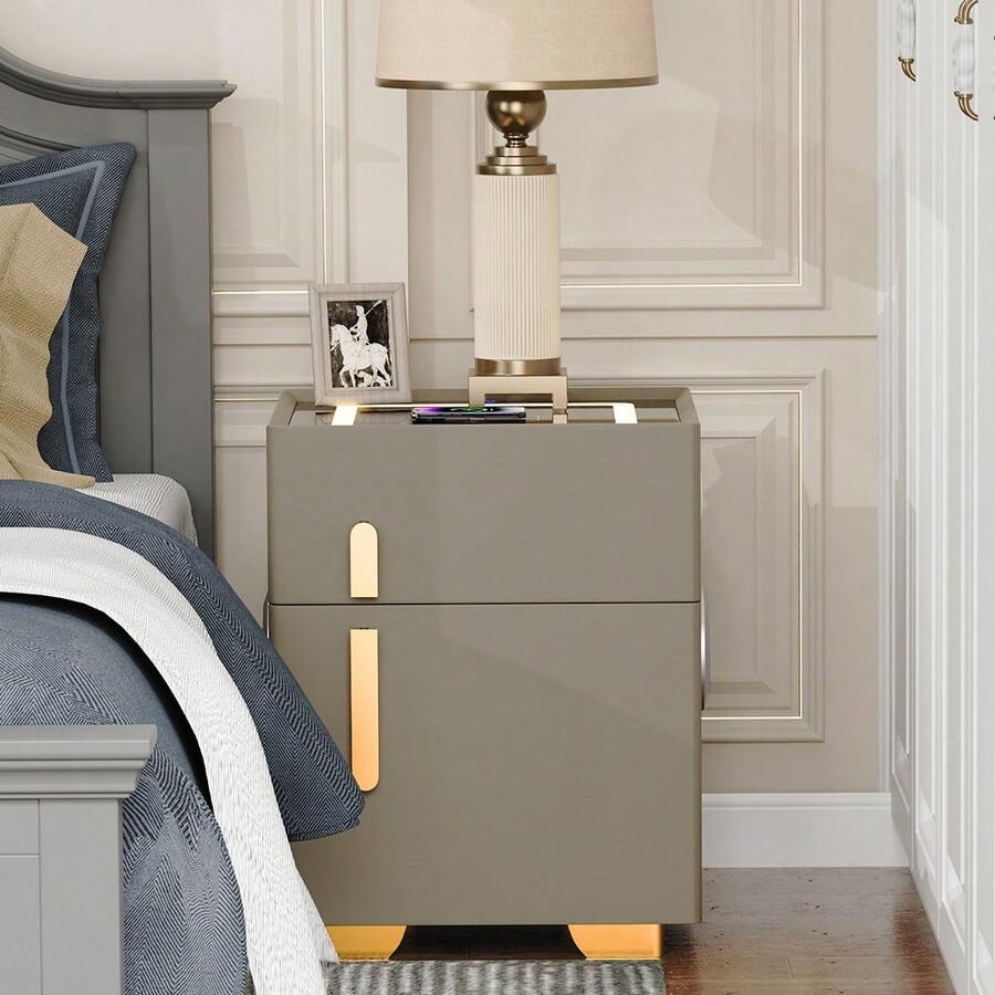 Smart Nightstand With Lockable Storage Box, Dual Drawers, Wireless Charger, USB Port, Bluetooth Speaker & LED Light - nâu nhạt - Xem 1