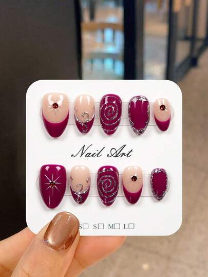 JUTI 10片装 100%纯手工手绘杏仁形美甲贴纸 | 梅花银箔水钻复古奢华可爱美甲 | 可重复使用，适合日常及派对美甲