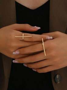 2pcs European & American Style Minimalist Stainless Steel Rings For Ladies' Casual & Fashionable Street Charm - 金子 - 查看 4