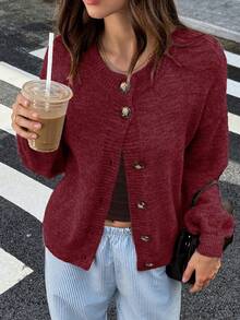 Just Masa 女款秋季休閒優雅開襟衫，圓領鈕扣長袖寬鬆基本款純色針織衫，適合日常穿著、旅行、約會、外出 - 酒紅色 - 查看 7