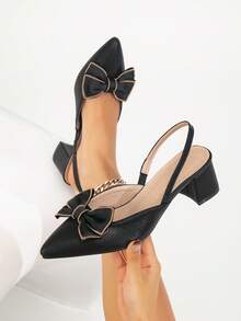 1 Pair Women's Black High Heel Shoes With Bow, Solid Color, Cute, Elegant, Fashion, Suitable For Commuting, Business, Party, Made Of PU Leather, Chunky Heel, Suitable For All Seasons - Black - View 3