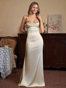 PARTHEA Spaghetti Straps Flower Detail Ruched Satin Elegant Long Dress Formal Evening Prom Wedding Guest Gown, For Graduation, Dinner Party Dress