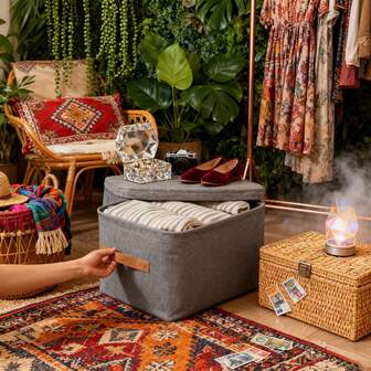 1 pieza Cajas de almacenamiento de ropa (Gris): Material de lona (lino), panel de malla transpirable, organizador plegable ligero con asas duraderas para un fácil transporte y elevación, organizador multiusos para armario y armario, solución de orden para el hogar, el dormitorio y la guardería, alternativa al cajón del armario, diseño plegable amigable para viajes, ideal para rotación estacional, preparación de regalos navideños, mudanza y vida en apartamentos, decoración neutra minimalista