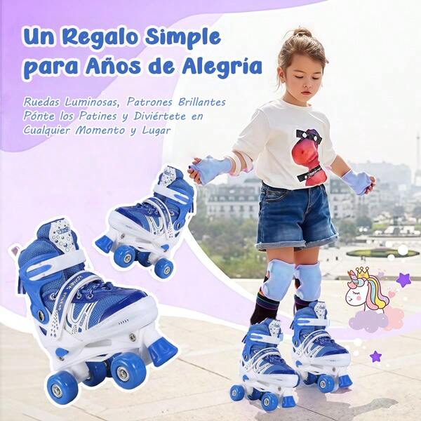 Patines de 4 Ruedas Dobles para Niños y Niñas, Ajustables, con Freno, para Principiantes de 3 a 12 Años, Color Rosa o Azul, Ideal para Regalo o Uso Personal