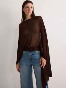 Women's Pullover Poncho Sweater Boat Neck Solid Color Asymmetrical Knit Tops Shawl Wraps - Coffee Brown - View 2