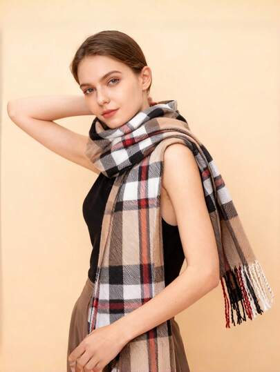 1pc Khaki Striped Plaid Faux Cashmere Unisex Neck Warmer Scarf, Suitable For Outings, Group Buying, Travel, Gifts, Autumn/Winter