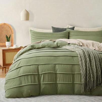 Sage Green Quilt Cover Queen Size 3 Pieces Boho Pleated Duvet Cover Set Pinch Textured Bedding Set Breathable And Cozy Duvet Cover With Zipper Closure
