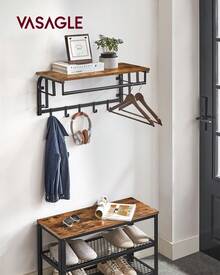 VASAGLE Perchero de Pared, Perchero Colgante con 5 Ganchos Extraíbles, Estante Montado en Pared, Barra de Colgar, para Pasillo, Dormitorio, Sala de Estar, Marrón Rústico y Negro - Marrón - Ver 2