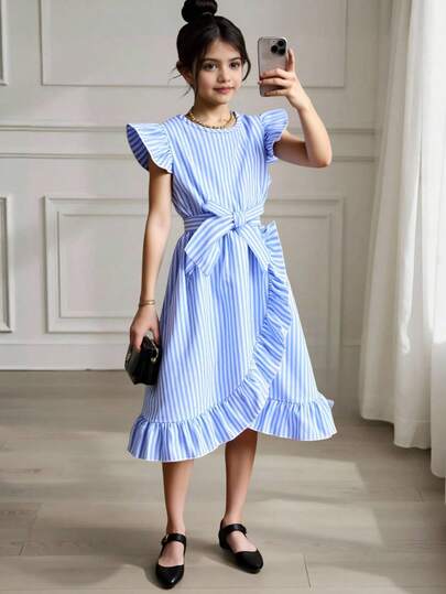 Tween Girl Striped Ruffle Hem Belt Decor Dress