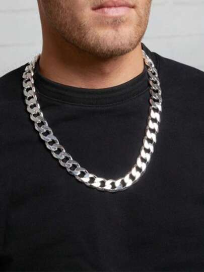 1pc 925 Silver Plated Solid Color 12mm Cuban Link Chain Necklace, Suitable As Jewelry Gift For Men