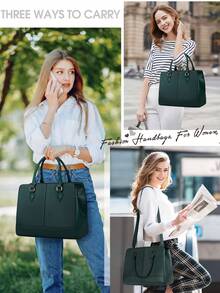 女士防水手提包，PU皮革13英寸女士手提包，中号女士单肩包，时尚托特包，商务休闲工作包 - 綠色 - 查看 2