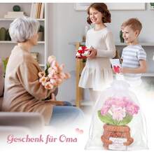 Großmutter Geschenk, Gestrickte Blumen + Karte + Organzasäckchen, Oma Geschenk für Geburtstag Muttertag Großelterntag Weihnachten Neujahr