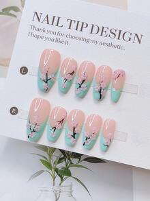 10pcs Y2K Nails Almond-Shaped Press On Nails Set - Handcrafted, Pink Nails, Blue Nails, Blue French Tip Nails, Hand Drawn Green Tea Flower, Green Tea Flowers Nail Art, Pink Little Flowers Element Decoration , Delicate Cute Nails - Perfect For Parties & Casual Attire, - Nhiều màu - Xem 10
