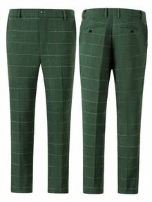 Mens Slim Fit Herringbone Tweed Wool Plaid Trousers Retro Dress Business Suit Pants - màu xanh lá - Xem 2