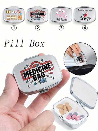 Square Pill Box With Nurse Pattern, Portable Pill Storage Compartments, Mini Metal Storage Box, Portable Jewelry And Pill Box, Personalized Creative Gift , Bowknot , Nurse'S Hat, Medicine Bottle Pattern,Suitable For Travel, Outdoor Activities, Bags, Pockets, Used For Wedding Gifts, Gifts And Reception Decoration, Uniquely Designed Decorative Travel Storage Box,Mother'S Day Gifts, Gifts For Friends,Nurse Gift