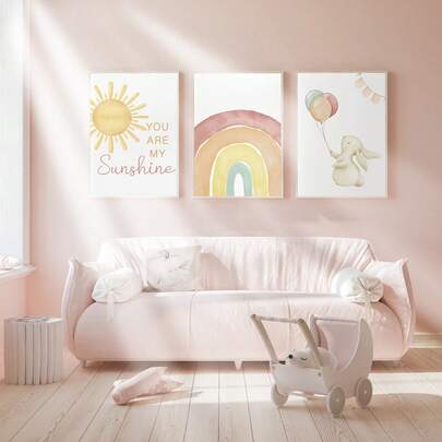 1pc, Canvas Wall Art, Framed Nursery Wall Art, Bohemian Rainbow Theme Children's Room Decorative Painting, Girls' Room Wall Art, Rabbit Theme Children's Room, Rainbow Sun Pattern, Bohemian Style Children's Room Wall Decoration, Rabbit Theme Children's Room Suitable For Children's Room Decoration, Nursery Decoration,