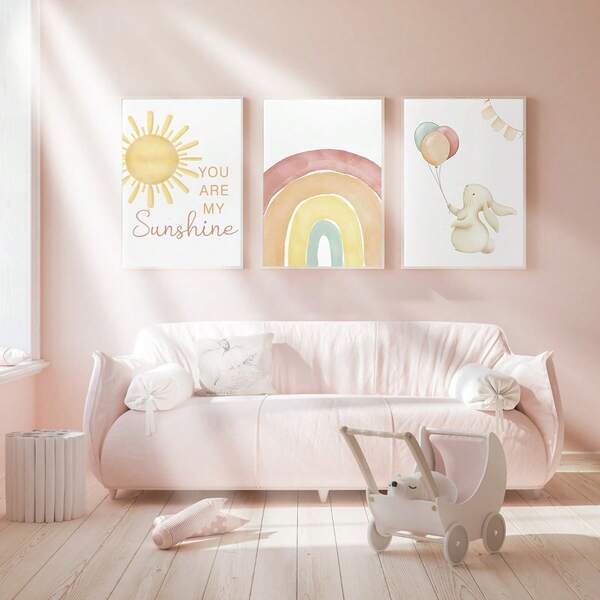1pc, Canvas Wall Art, Framed Nursery Wall Art, Bohemian Rainbow Theme Children's Room Decorative Painting, Girls' Room Wall Art, Rabbit Theme Children's Room, Rainbow Sun Pattern, Bohemian Style Children's Room Wall Decoration, Rabbit Theme Children's Room Suitable For Children's Room Decoration, Nursery Decoration,
