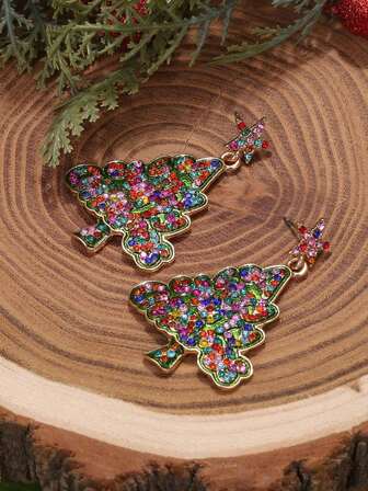 一对欧美风格星星、字母和水钻圣诞树耳环，合金吊坠耳环，适合圣诞节佩戴