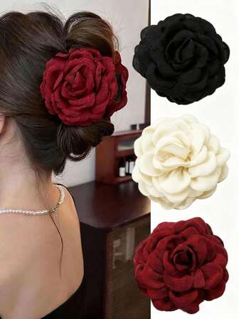 1个大号女士婚礼花朵发爪夹，纯色多层玫瑰花发爪夹，秋冬季女士花朵发饰，日常佩戴，新年，圣诞节，约会，礼物，度假装扮，婚礼，情人节发爪夹发饰