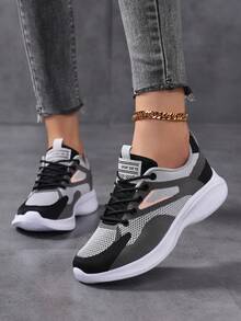 Pantofi sport pentru femei, mărimi mari, respirabili, cu plasă, pentru femei, pantofi sport, ușori și confortabili, la modă, cu vârful rotund și șireturi, pantofi de mers pentru femei, pantofi de alergare pentru șosea pentru femei, pantofi de călătorie cu blocuri de culoare pentru femei