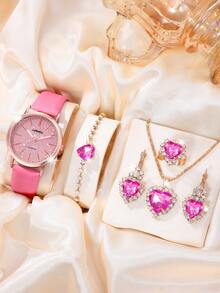 LIANDU مجموعة ساعة نسائية - ساعة بقرص وردي لامع، مجموعة مجوهرات بشكل قلب (سوار، قلادة، أقراط، خاتم)، حركة كوارتز، هدية رومانسية للمرأة